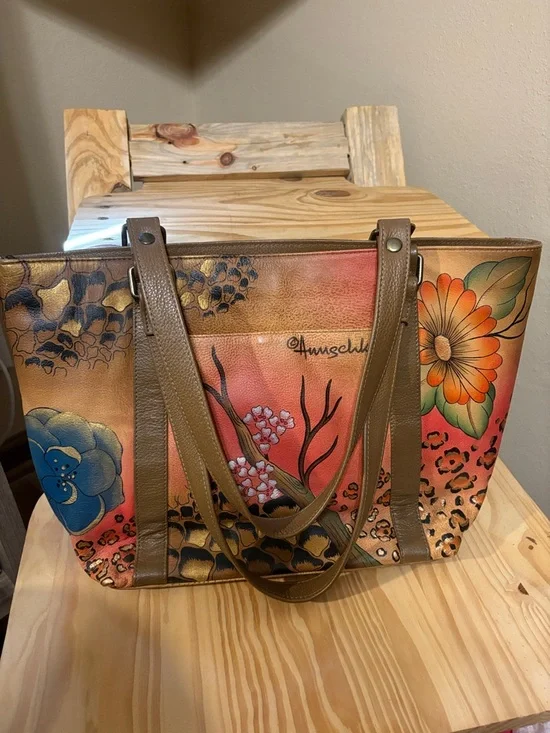 Anuschka Hand-Painted Floral Leather Tote Bag in Multicolor EUC - Picture 5 of 10